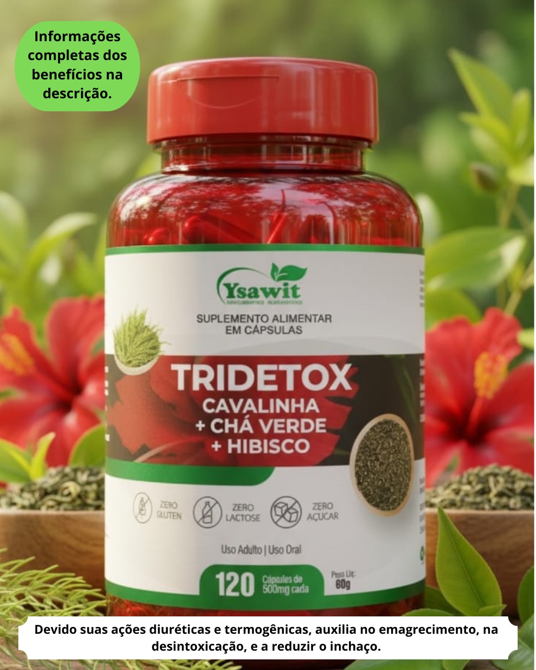 Tridetox - Cavalinha, Chá Verde e Hibisco - 120 cápsulas de 500mg