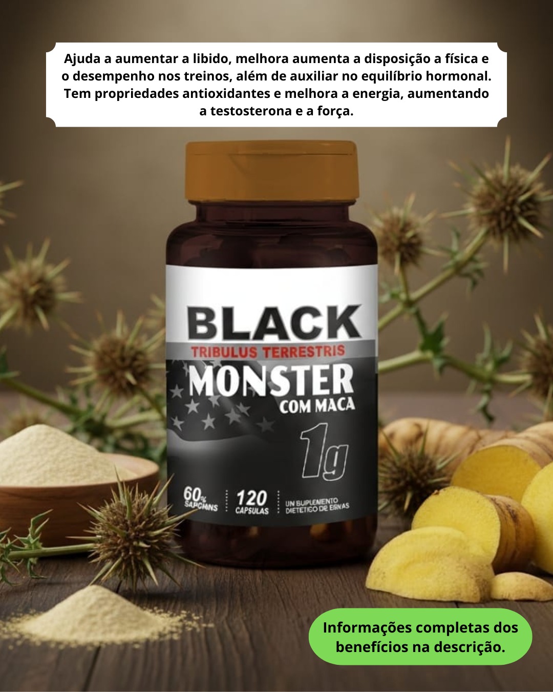 Black Monster Tribullus Terrestris com Maca - 120 cápsulas de 500mg