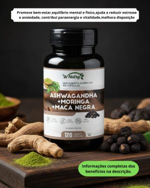 Ashwagandha com Moringa e Maca Negra - 120 cápsulas de 500mg