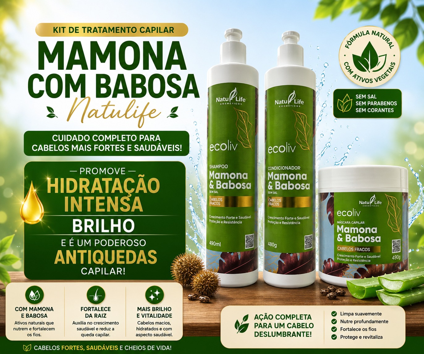 Kit Tratamentos Capilar Mamona com Babosa com 1 Shampoo 490ml, 1 Condicionador 480ml e 1 Máscara para Hidratação 490g