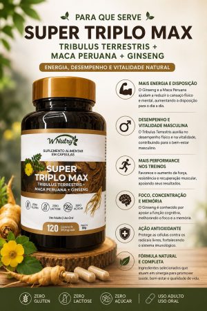 Super Triplo Max - Tribullus Terrestris com Maca Peruana e Ginseng - 120 cápsulas de 500mg