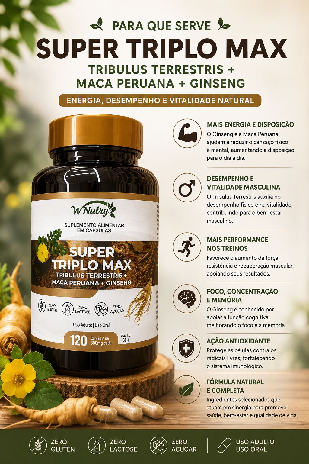 Super Triplo Max - Tribullus Terrestris com Maca Peruana e Ginseng - 120 cápsulas de 500mg