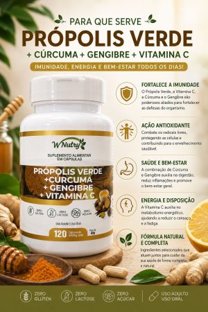 Própolis Verde com Cúrcuma, Gengibre e Vitamina C - 120 cápsulas de 500mg