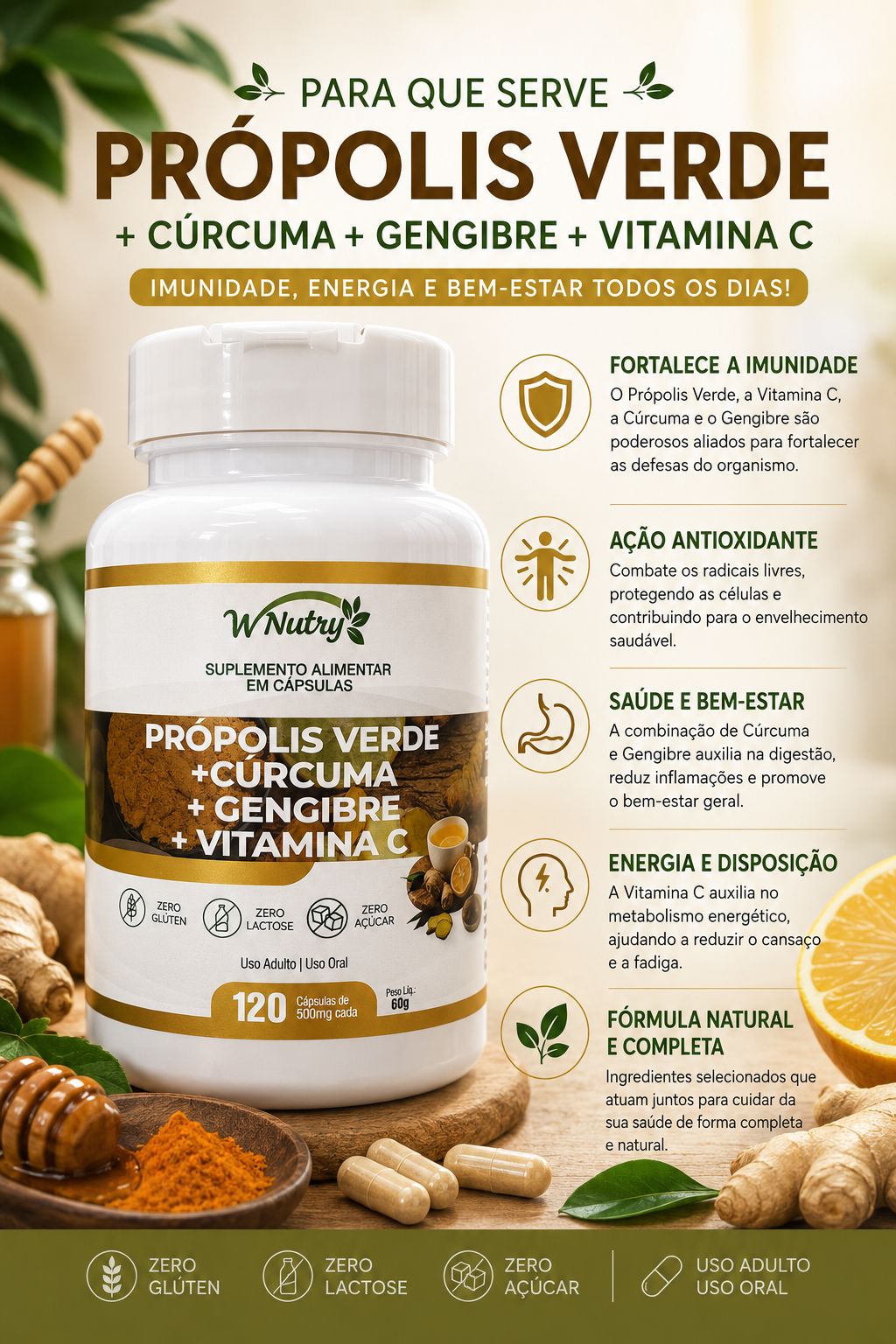 Própolis Verde com Cúrcuma, Gengibre e Vitamina C - 120 cápsulas de 500mg