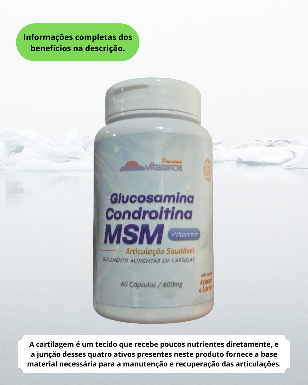 Glucosamina c/ Condroitina, MSM e Colágeno Tipo 2 - 60 cápsulas de 600mg